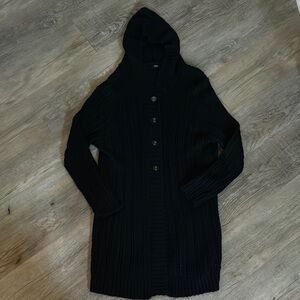 Massimo - Black Hooded Ribbed 3/4 Length Cardigan Sweater, Size XXL